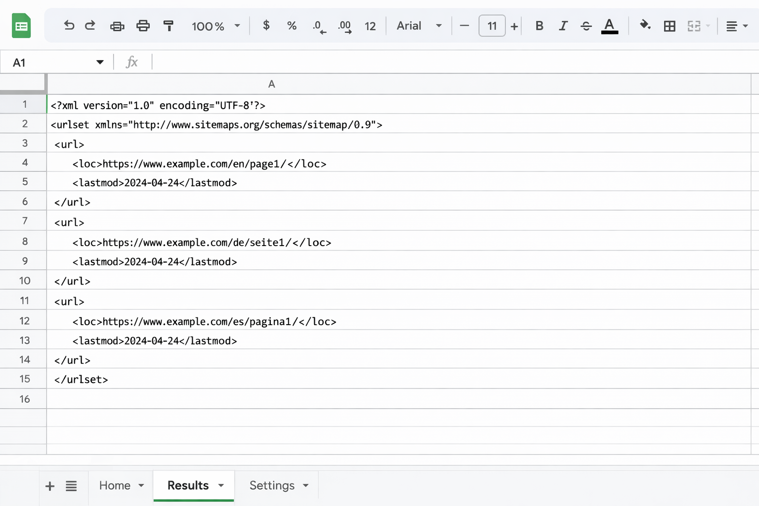 [Screenshot: Google Sheets &ldquo;Results&rdquo; tab showing auto-generated XML sitemap code in column A]
