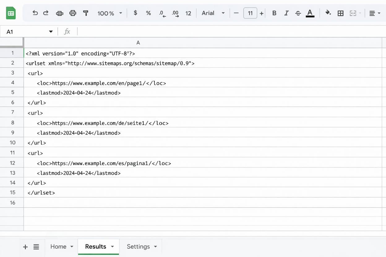 [Screenshot: Google Sheets &ldquo;Results&rdquo; tab showing auto-generated XML sitemap code in column A]