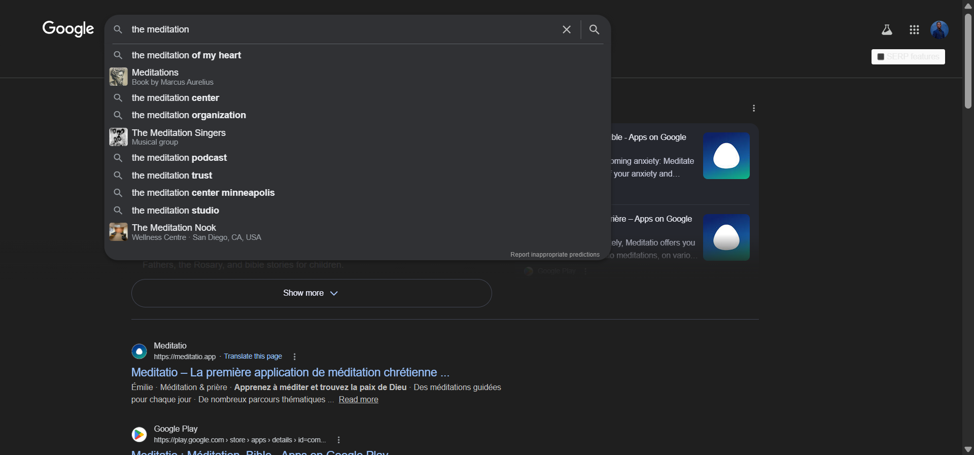 [Screenshot: Google search bar showing autocomplete suggestions for &ldquo;meditation a,&rdquo; &ldquo;meditation b,&rdquo; etc.]