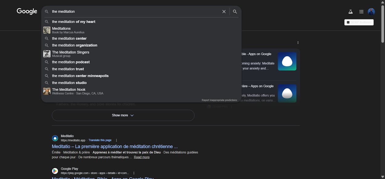 [Screenshot: Google search bar showing autocomplete suggestions for &ldquo;meditation a,&rdquo; &ldquo;meditation b,&rdquo; etc.]