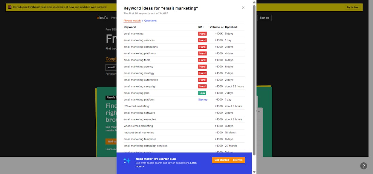 [Screenshot: A site explorer &ldquo;Organic Keywords&rdquo; report for a competitor domain, filtered by volume &le; 500, showing long-tail keywords with traffic data]