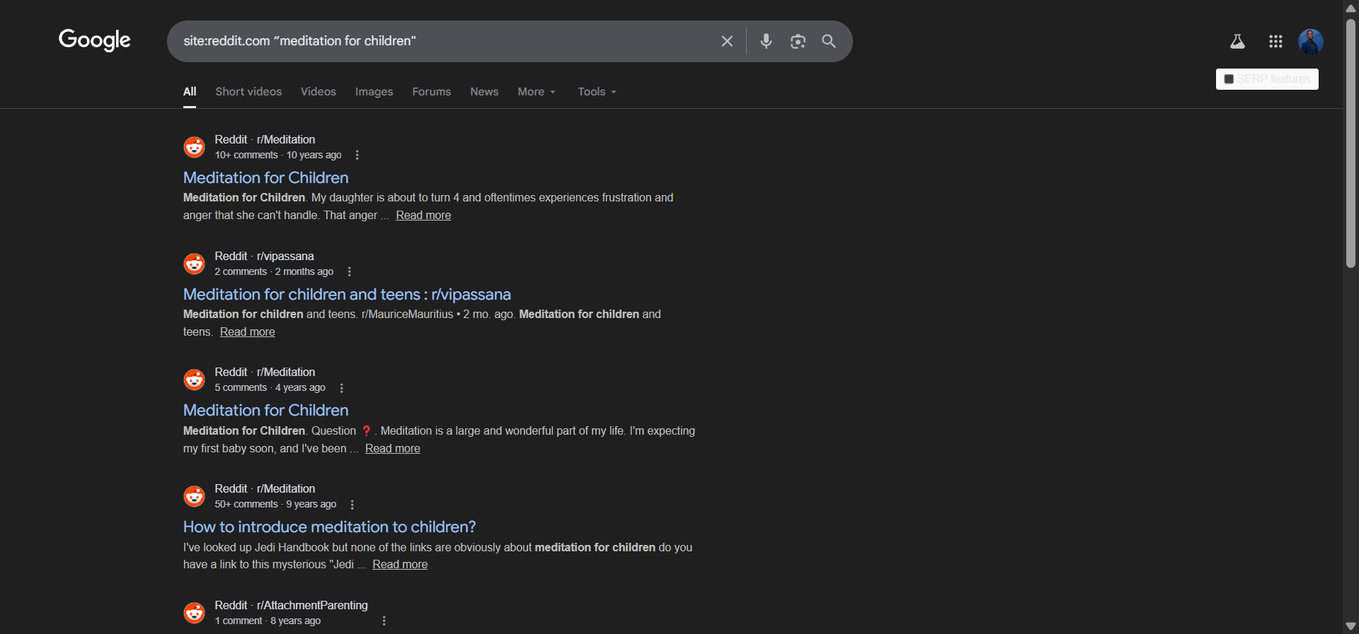 [Screenshot: Google search results for site:reddit.com &ldquo;meditation for&rdquo; showing threads with specific, long-tail questions]