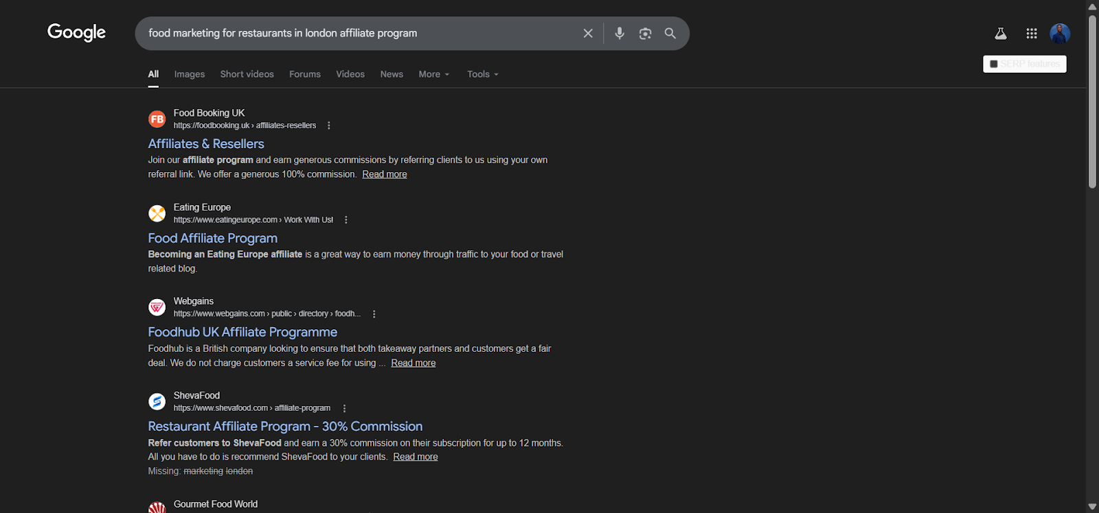 [Screenshot: Google search results showing &ldquo;[niche] + affiliate program&rdquo; search to find programs]