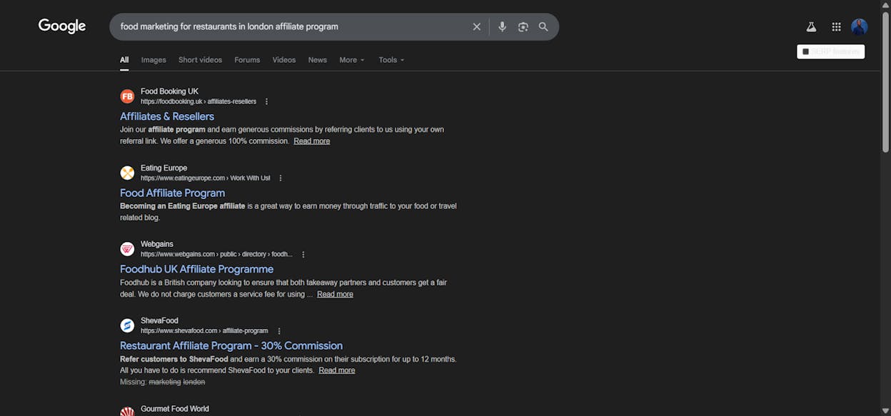 [Screenshot: Google search results showing &ldquo;[niche] + affiliate program&rdquo; search to find programs]