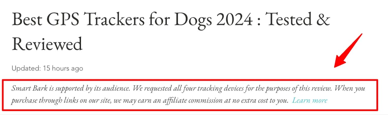 [Screenshot: Example of an FTC affiliate disclosure at the top of a blog post]
