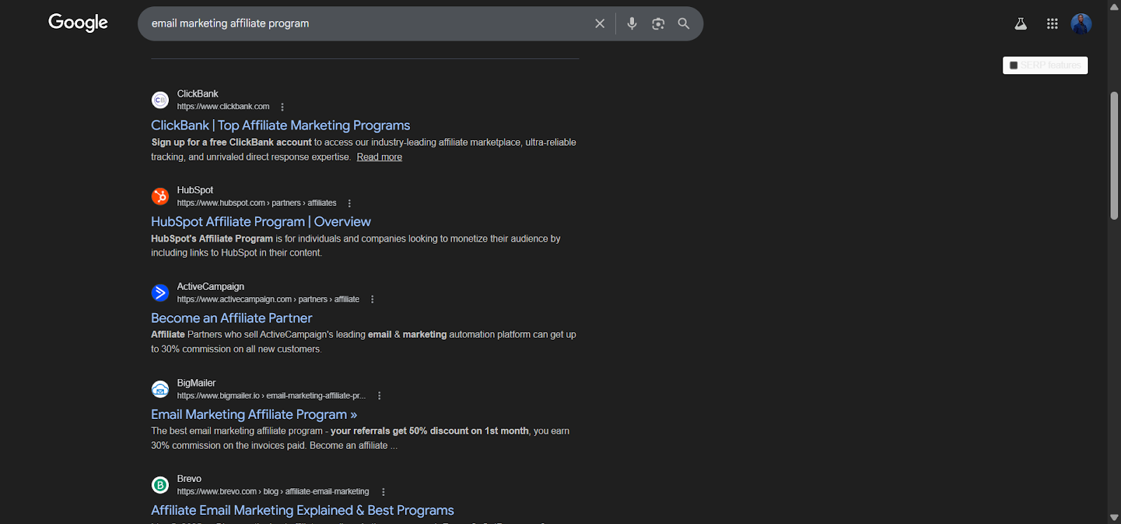 [Screenshot: Google search for &ldquo;email marketing affiliate program&rdquo; showing results]