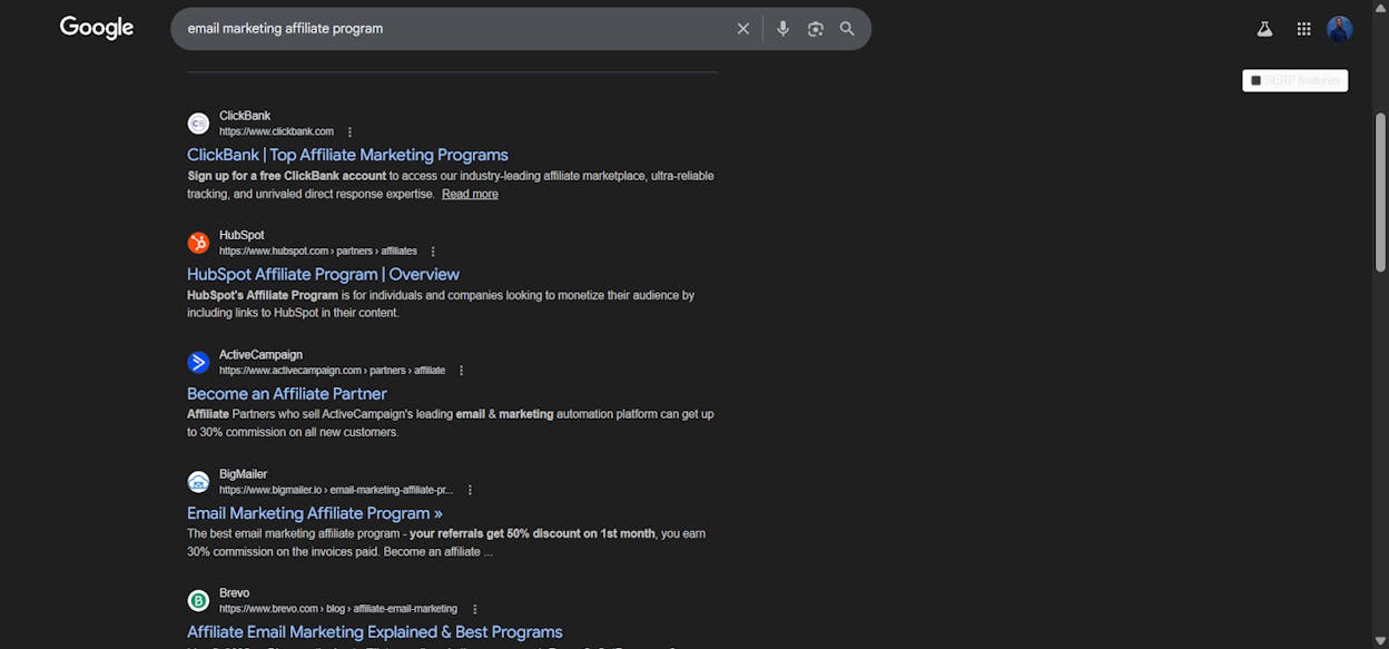 [Screenshot: Google search for &ldquo;email marketing affiliate program&rdquo; showing results]