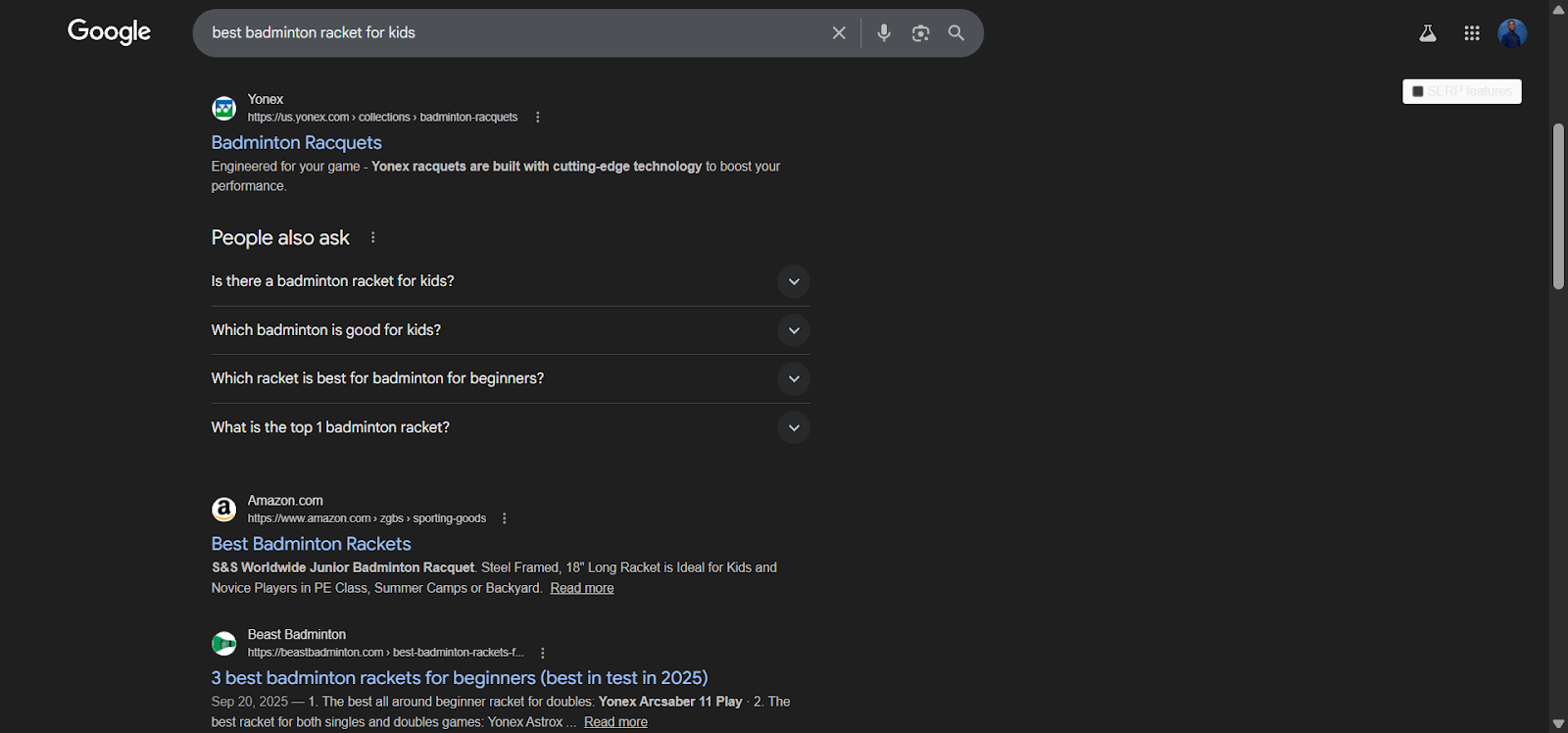 [Screenshot: Analyze AI SERP checker showing top results for a keyword]