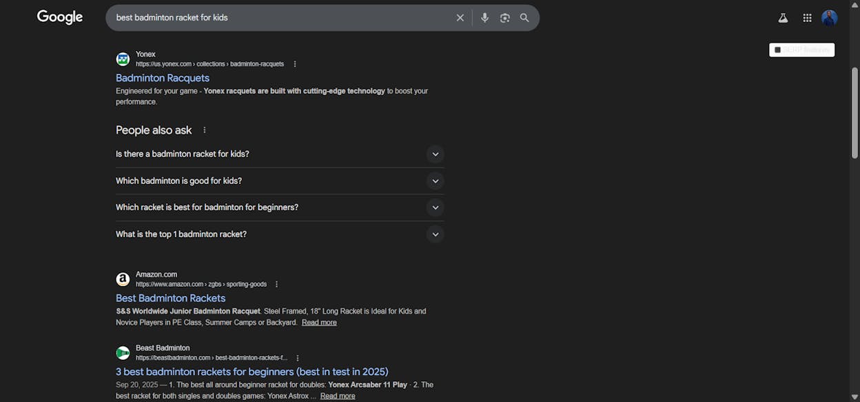 [Screenshot: Analyze AI SERP checker showing top results for a keyword]