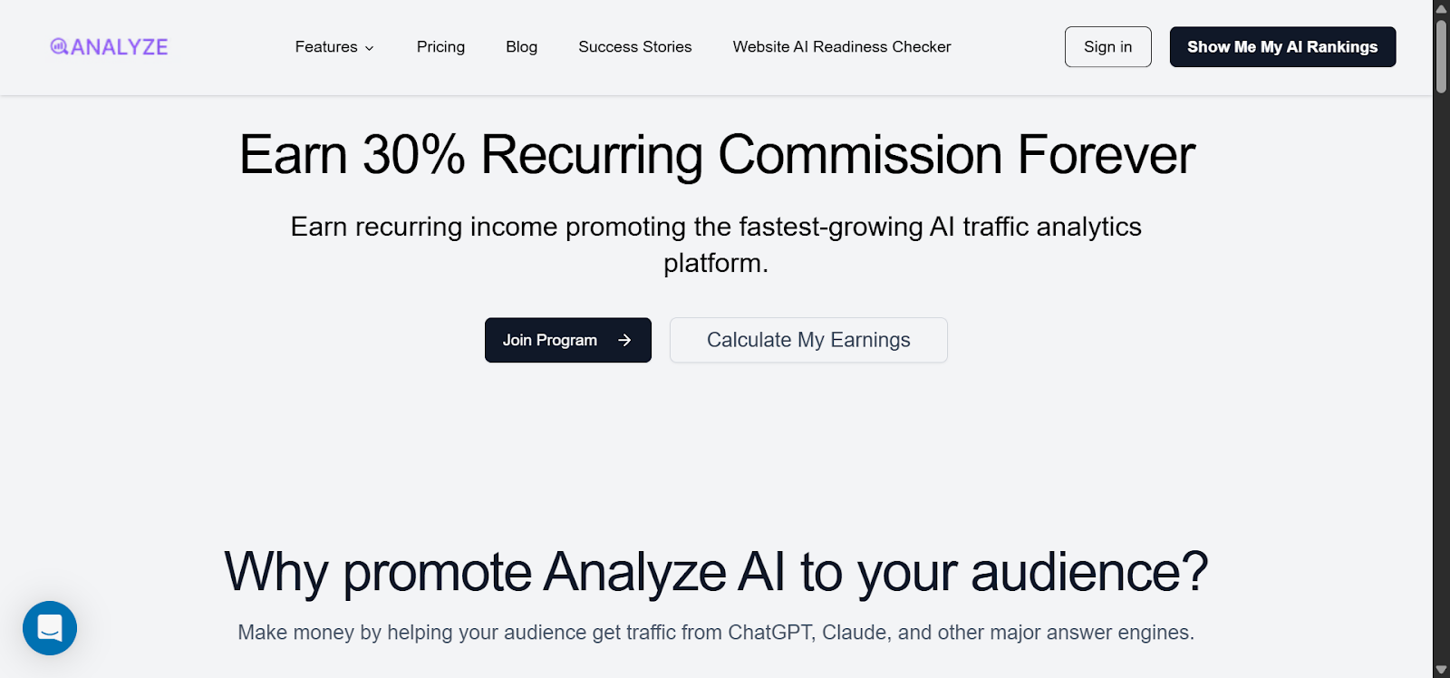 [Screenshot: The Analyze AI affiliate signup page showing &ldquo;Earn 30% Recurring Commission Forever&rdquo; headline with the Join Program CTA button]