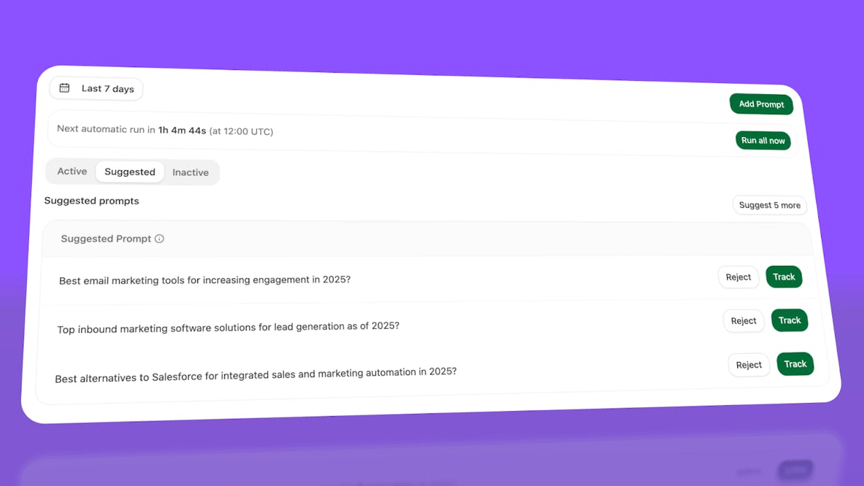 [Screenshot: Adding a new prompt to track in Analyze AI&rsquo;s Prompts interface, showing the Active tab with prompt input]