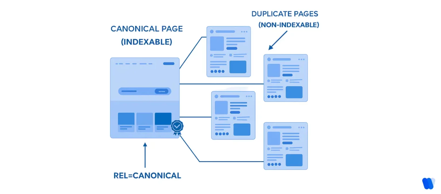 [Screenshot: Diagram showing multiple duplicate URLs with backlinks all pointing to one canonical URL through consolidation]