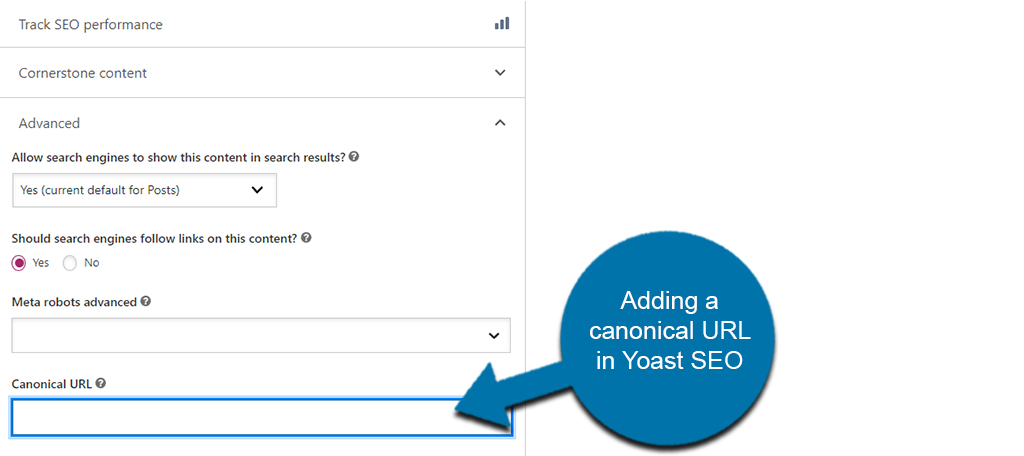 [Screenshot: Yoast SEO Advanced section in WordPress post editor showing the Canonical URL field]