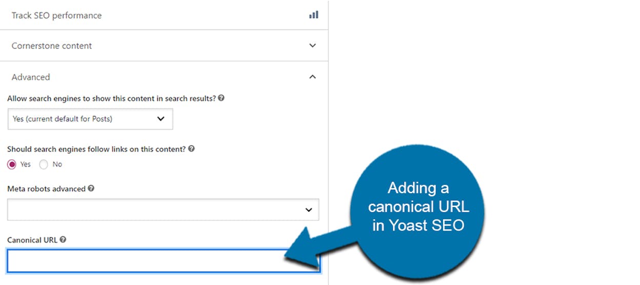 [Screenshot: Yoast SEO Advanced section in WordPress post editor showing the Canonical URL field]
