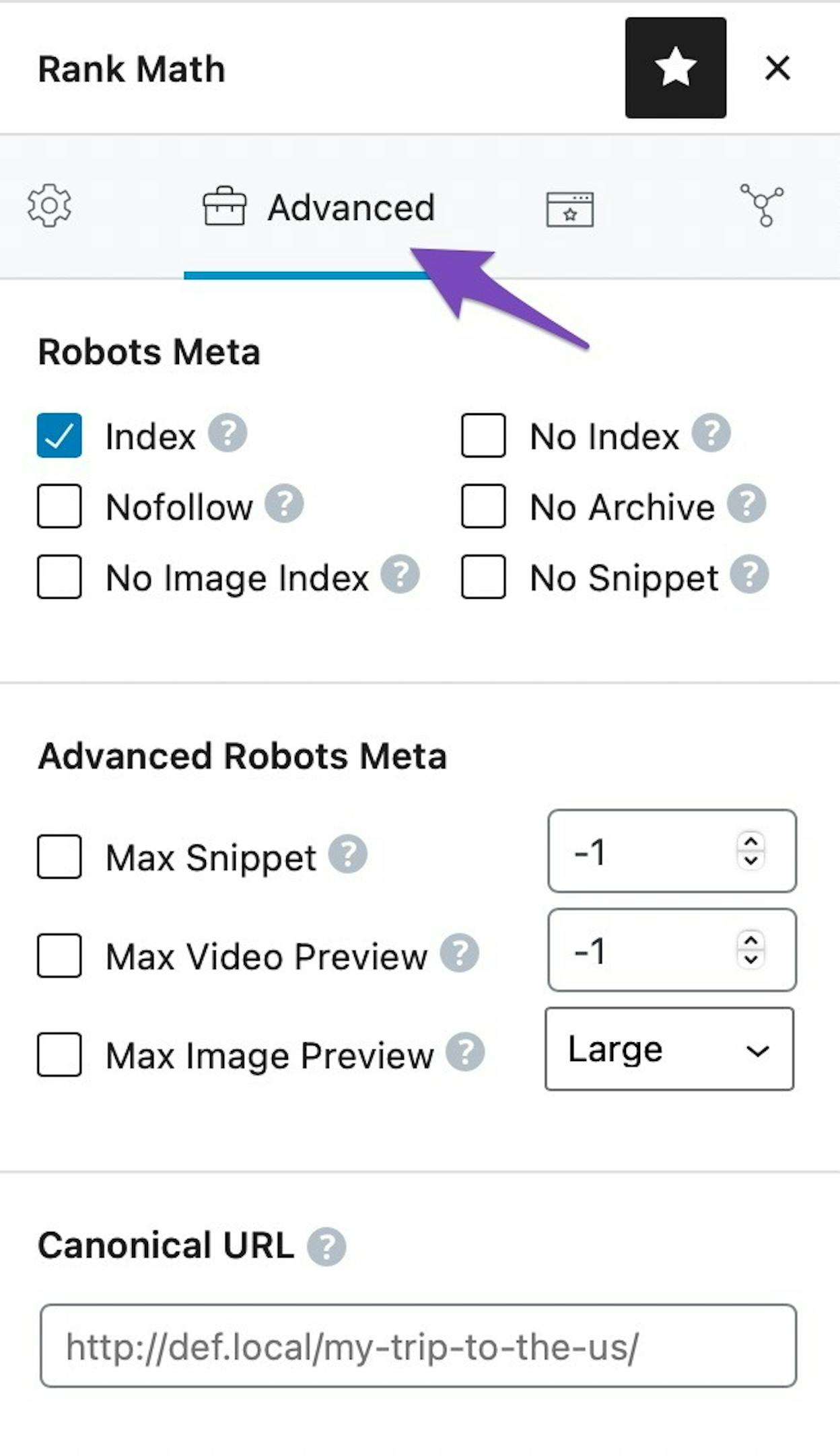 [Screenshot: Rank Math Advanced tab showing the Canonical URL field]