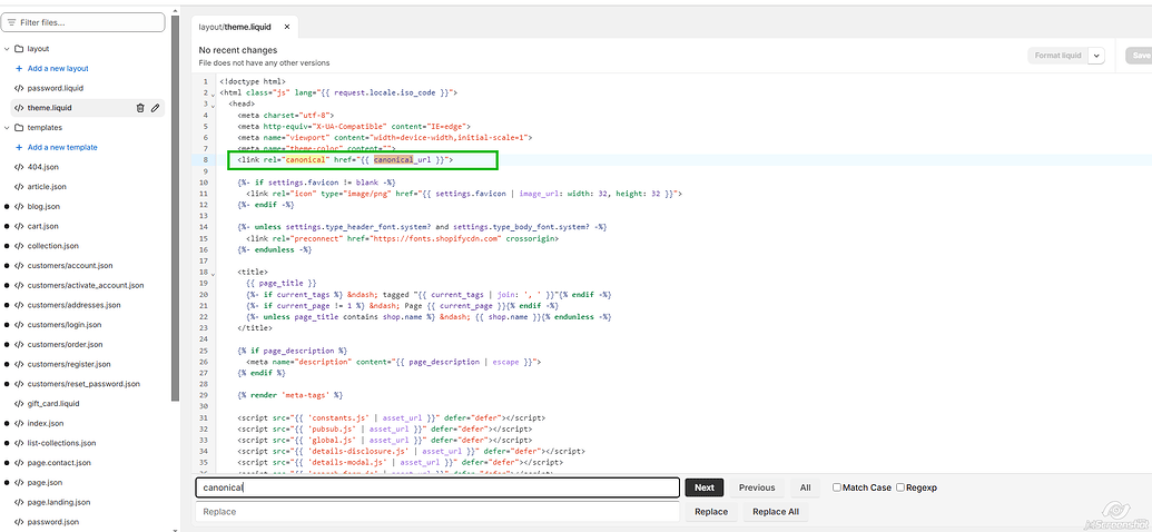 [Screenshot: Shopify theme.liquid file showing canonical tag code in the ]