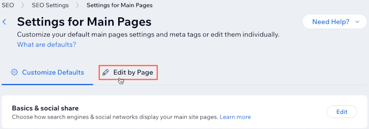 [Screenshot: Wix SEO settings panel showing the canonical tag configuration option]