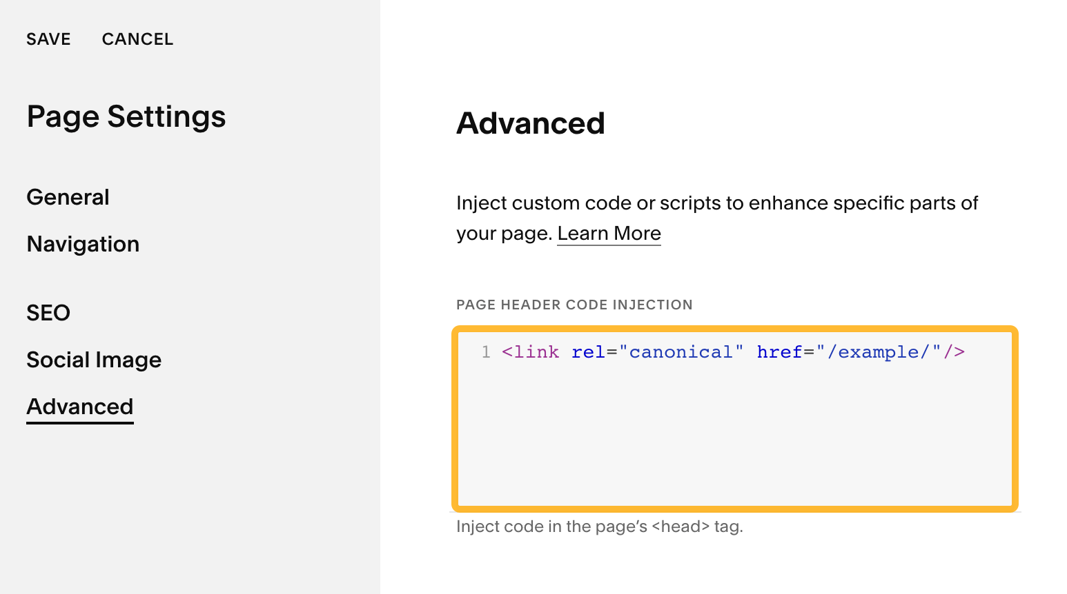 [Screenshot: Squarespace page settings showing the Advanced code injection field with a canonical tag]