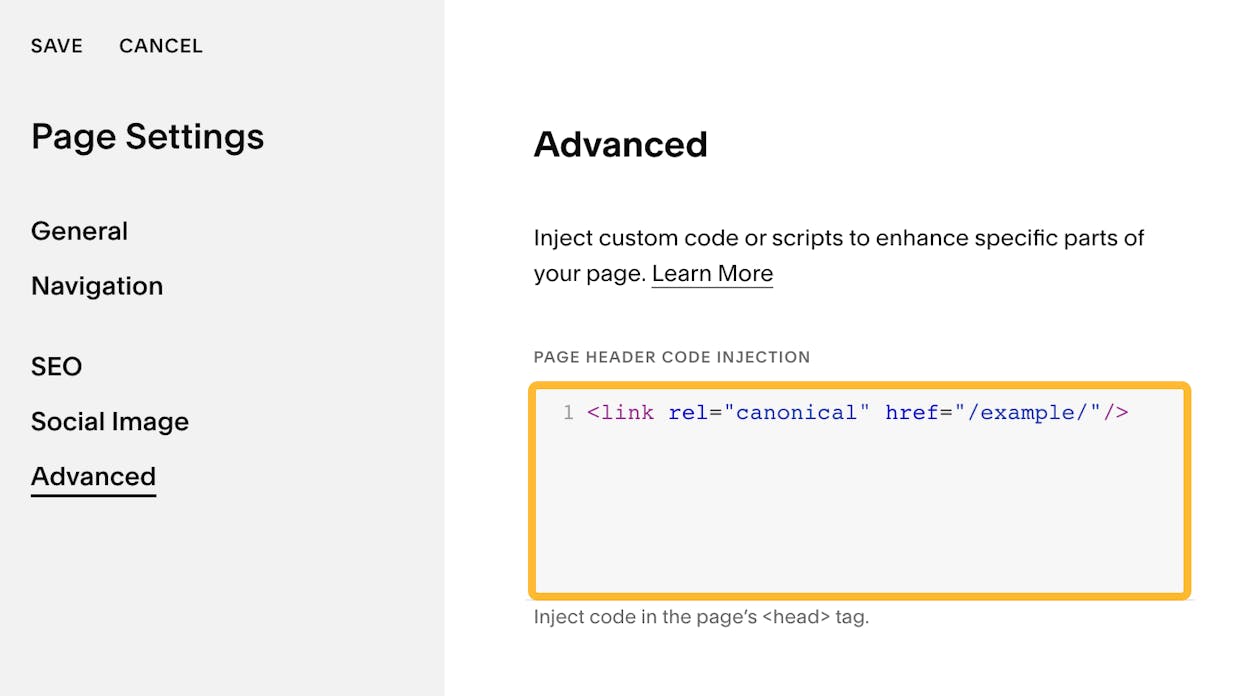 [Screenshot: Squarespace page settings showing the Advanced code injection field with a canonical tag]