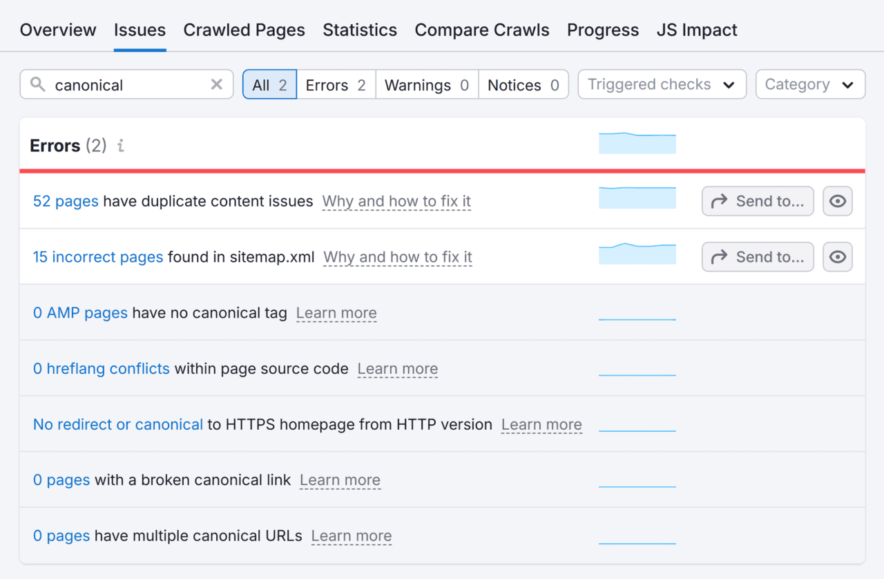[Screenshot: A site audit tool showing a list of canonical tag issues found during a crawl]
