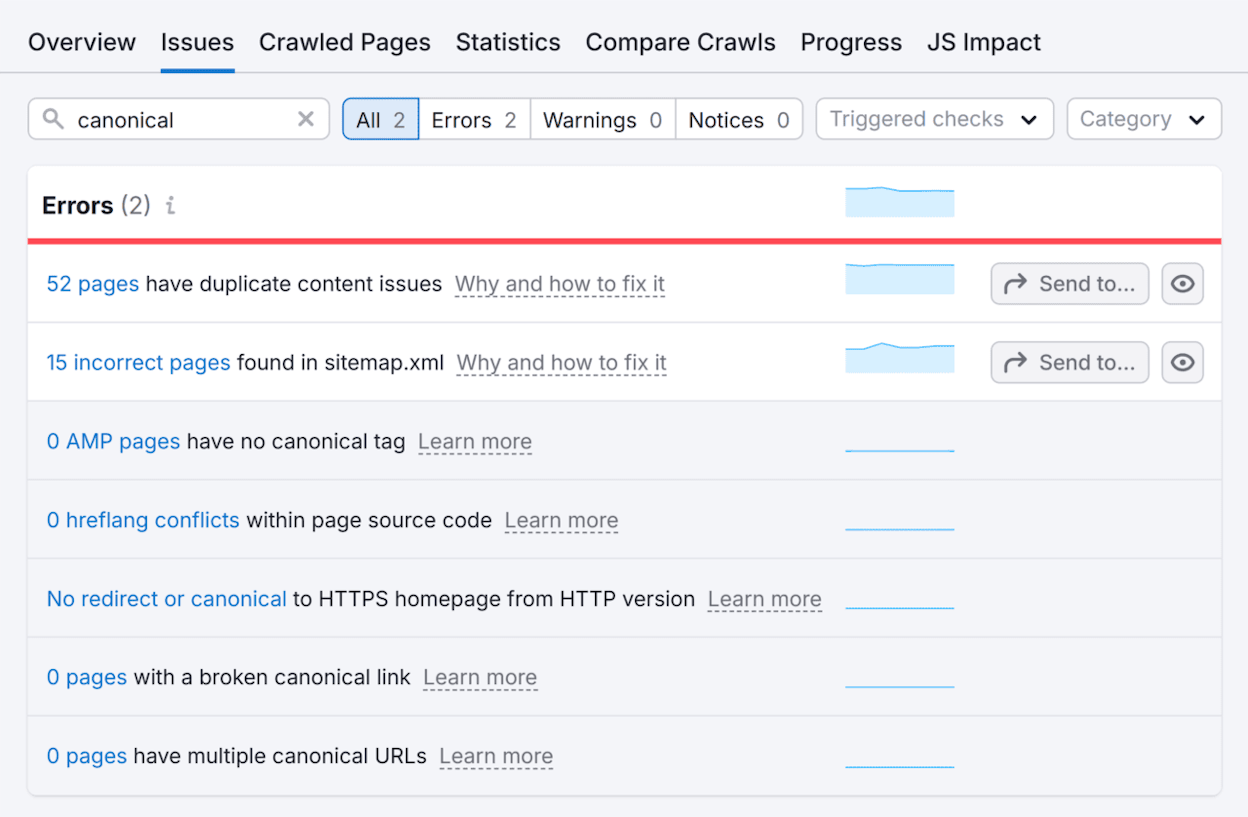 [Screenshot: A site audit tool showing a list of canonical tag issues found during a crawl]
