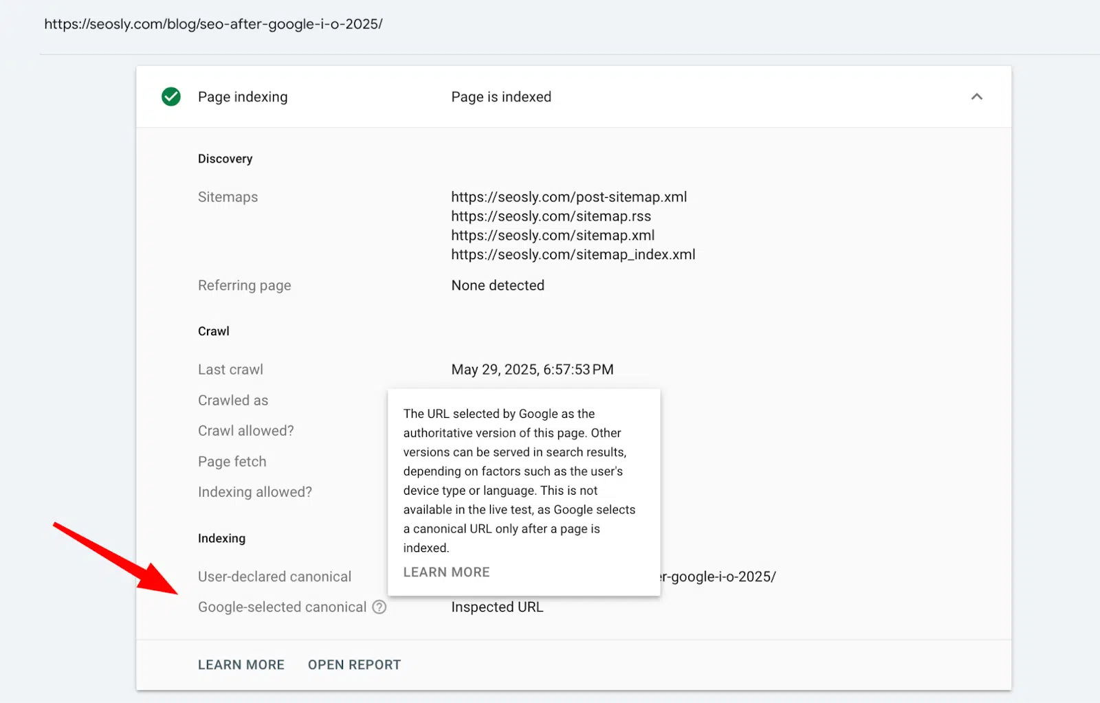 [Screenshot: Google Search Console URL Inspection tool showing the declared canonical vs. Google-selected canonical]