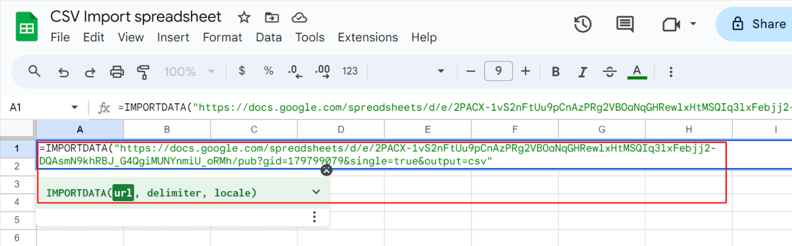 [Screenshot: Google Sheets import dialog with CSV being uploaded to the Data tab]