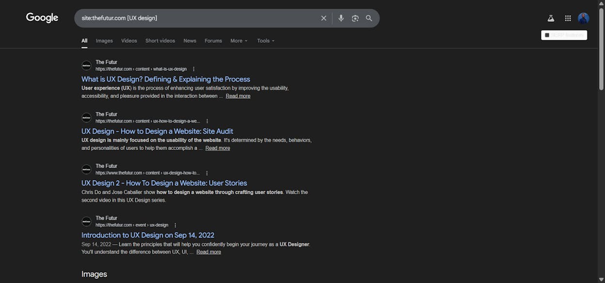 [Screenshot: Google site: search checking if a page about a specific topic already exists]