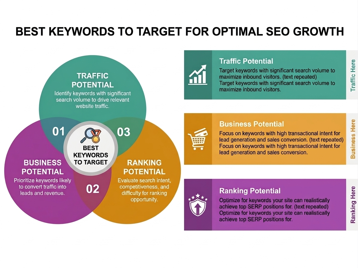 [Screenshot: A Venn diagram showing the intersection of Traffic Potential, Business Potential, and Ranking Potential &mdash; with &ldquo;Best Keywords to Target&rdquo; in the center overlap]