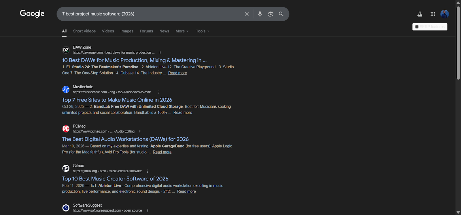 [Screenshot: Google search results for a keyword, showing the content type and format of each top result]