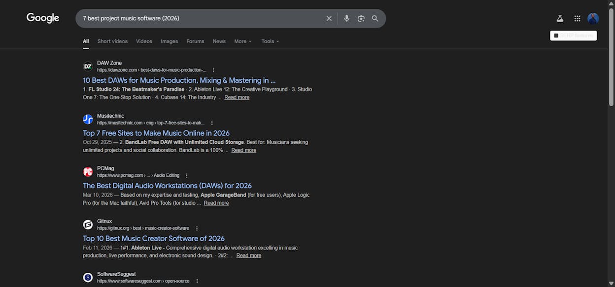[Screenshot: Google search results for a keyword, showing the content type and format of each top result]