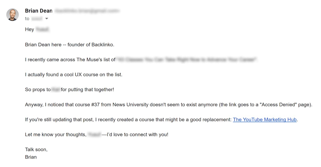 [Screenshot: Example outreach email showing a polite broken link replacement request, with subject line, personalized opener referencing the recipient&rsquo;s specific article, a note about the broken link, and a suggestion for your replacement resource]