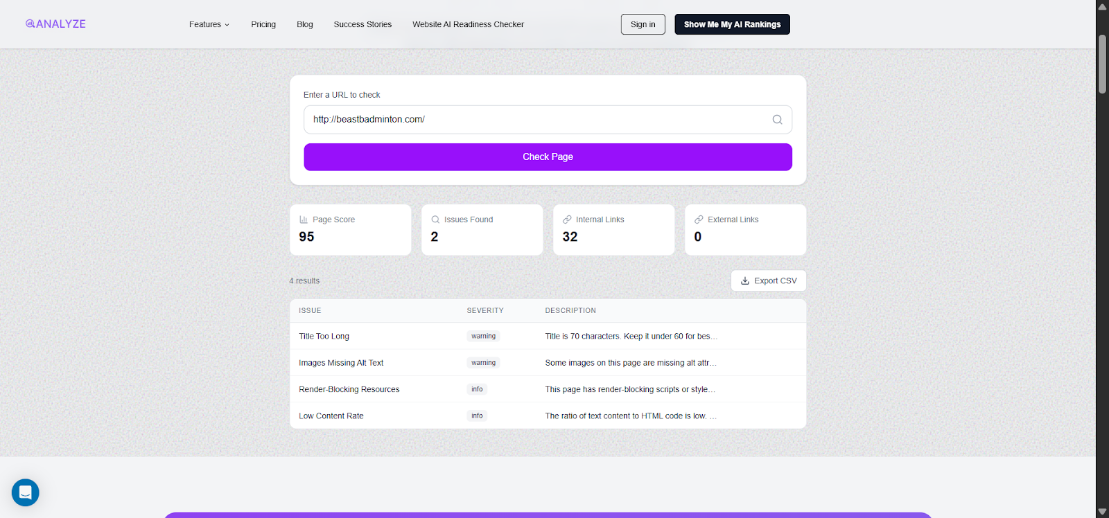 [Screenshot: Analyze AI Broken Link Checker tool scanning a URL and returning a list of broken links found on the page]