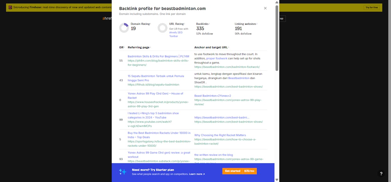 [Screenshot: Using a backlink analysis tool to find sites linking to a dead URL &mdash; showing the list of referring domains, their domain ratings, and the number of referring pages]