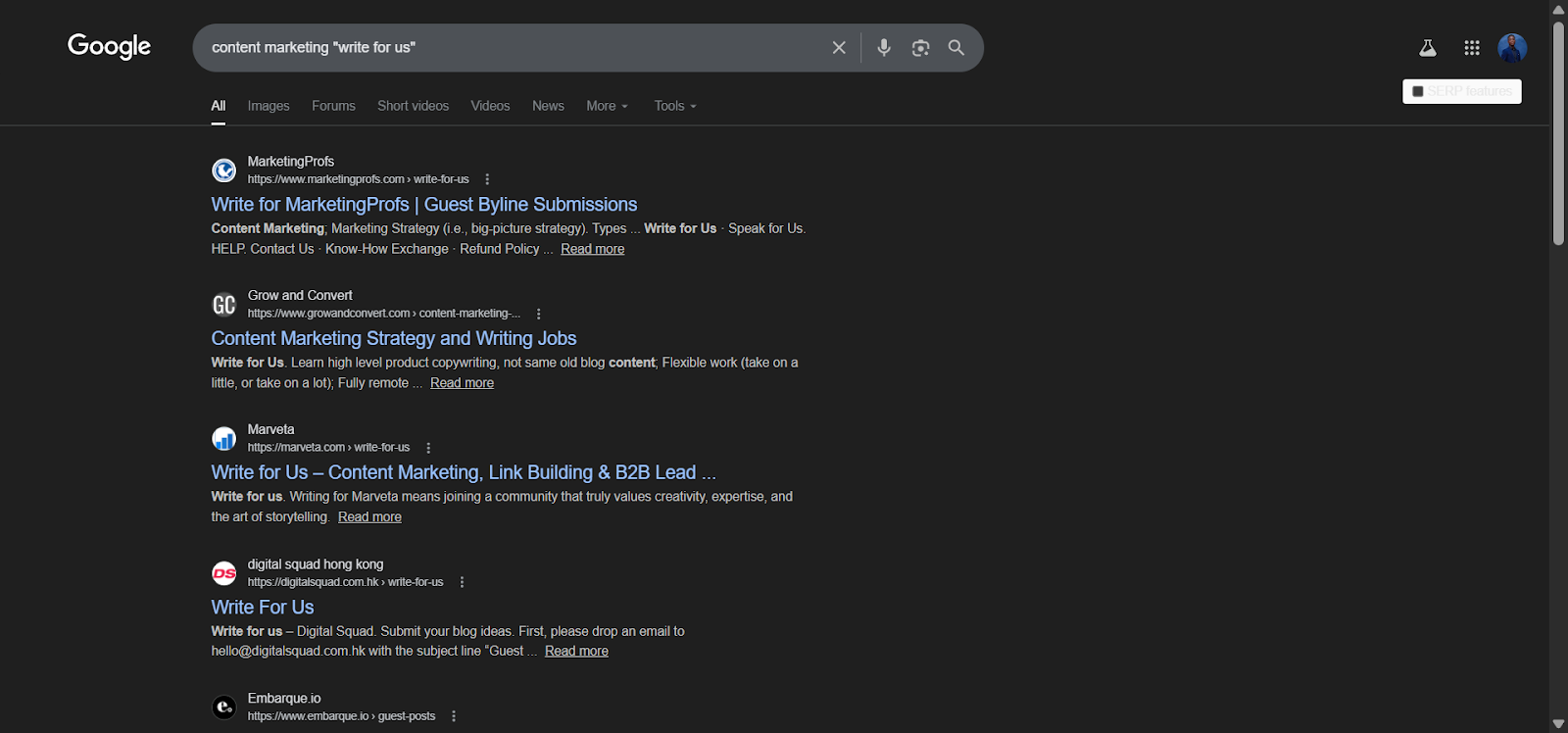 [Screenshot: Google search results for &lsquo;content marketing &ldquo;write for us&rdquo;&rsquo; showing multiple sites with guest post submission pages]