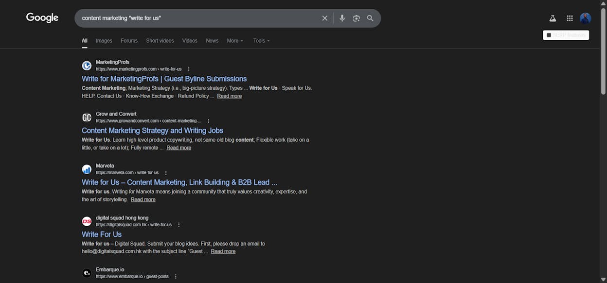 [Screenshot: Google search results for &lsquo;content marketing &ldquo;write for us&rdquo;&rsquo; showing multiple sites with guest post submission pages]