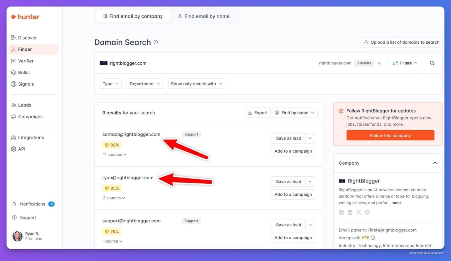 [Screenshot: Hunter.io interface showing an email search &mdash; enter first name, last name, and company domain, and the tool returns the verified email address with a confidence score]