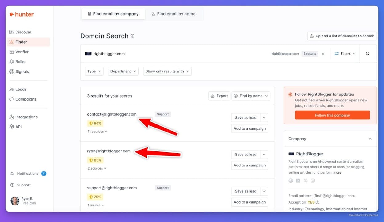 [Screenshot: Hunter.io interface showing an email search &mdash; enter first name, last name, and company domain, and the tool returns the verified email address with a confidence score]