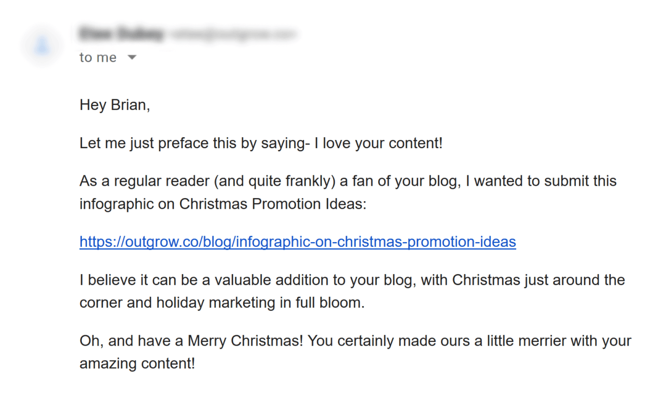 [Screenshot: Example of a bad outreach email &mdash; a wall of text with no personalization, a generic subject line like &ldquo;Collaboration Opportunity!&rdquo;, and a request to link to an unrelated page]