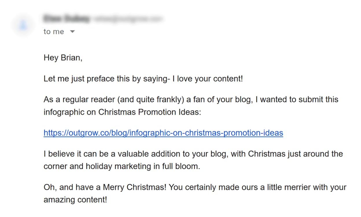 [Screenshot: Example of a bad outreach email &mdash; a wall of text with no personalization, a generic subject line like &ldquo;Collaboration Opportunity!&rdquo;, and a request to link to an unrelated page]