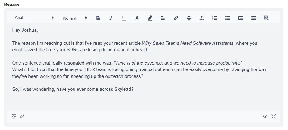 [Screenshot: An outreach email template in a mail merge tool showing dynamic variables like {{first_name}}, {{article_title}}, and {{broken_link_url}} that get replaced with unique values for each prospect]