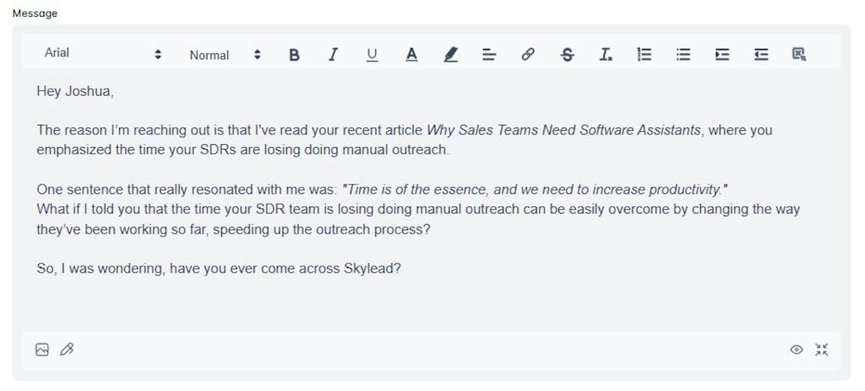[Screenshot: An outreach email template in a mail merge tool showing dynamic variables like {{first_name}}, {{article_title}}, and {{broken_link_url}} that get replaced with unique values for each prospect]
