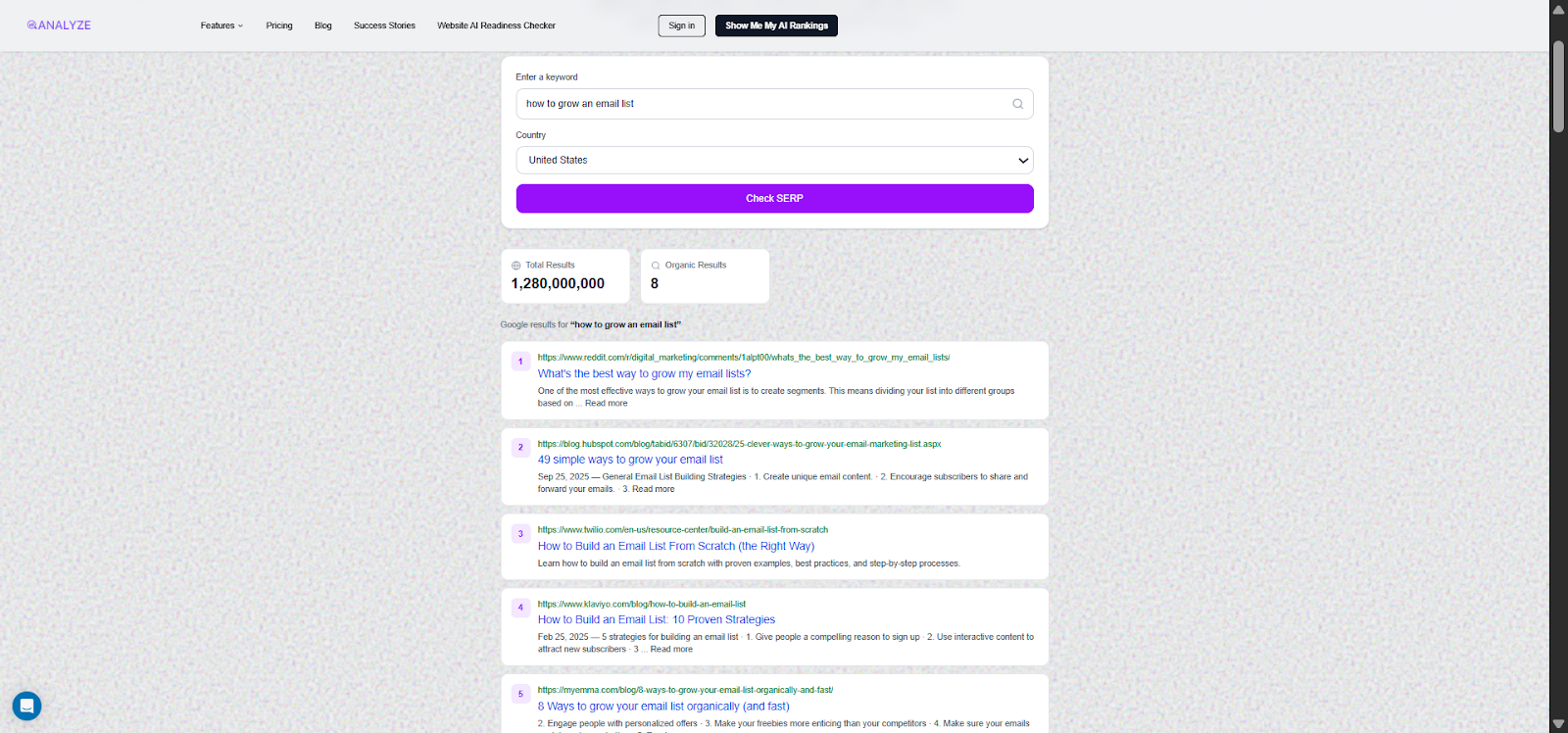 [Screenshot: Using Analyze AI&rsquo;s SERP checker to analyze the top results for a TOFU keyword]