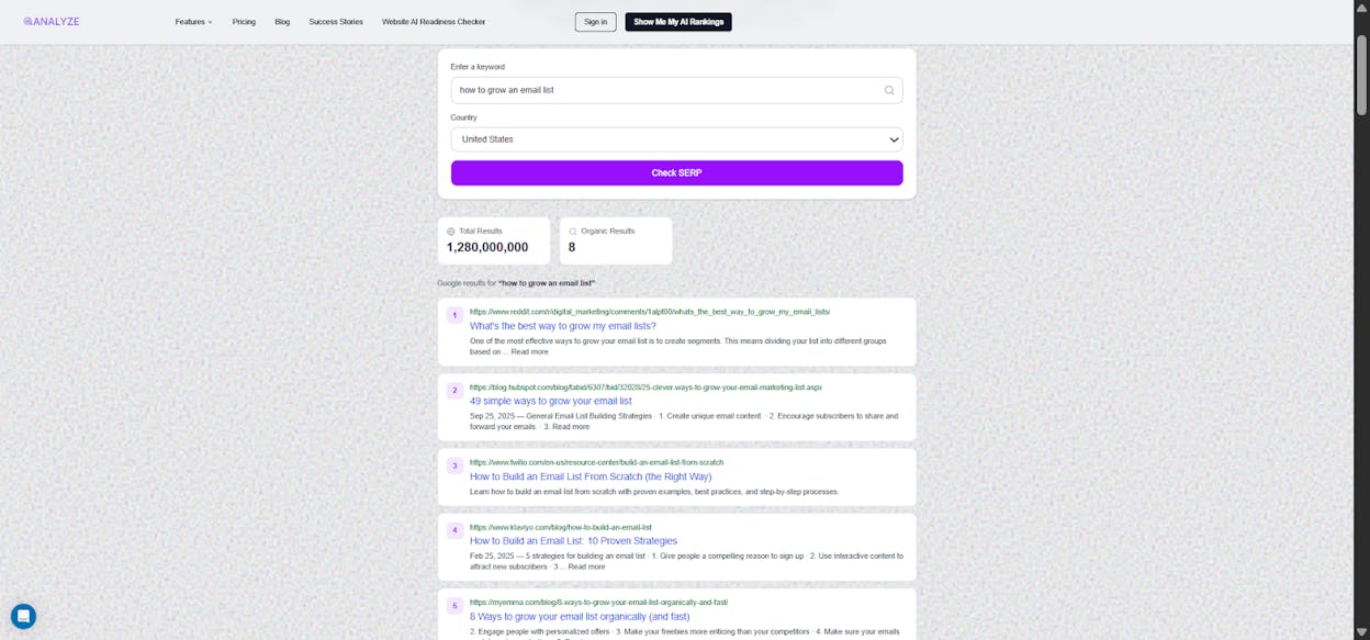[Screenshot: Using Analyze AI&rsquo;s SERP checker to analyze the top results for a TOFU keyword]