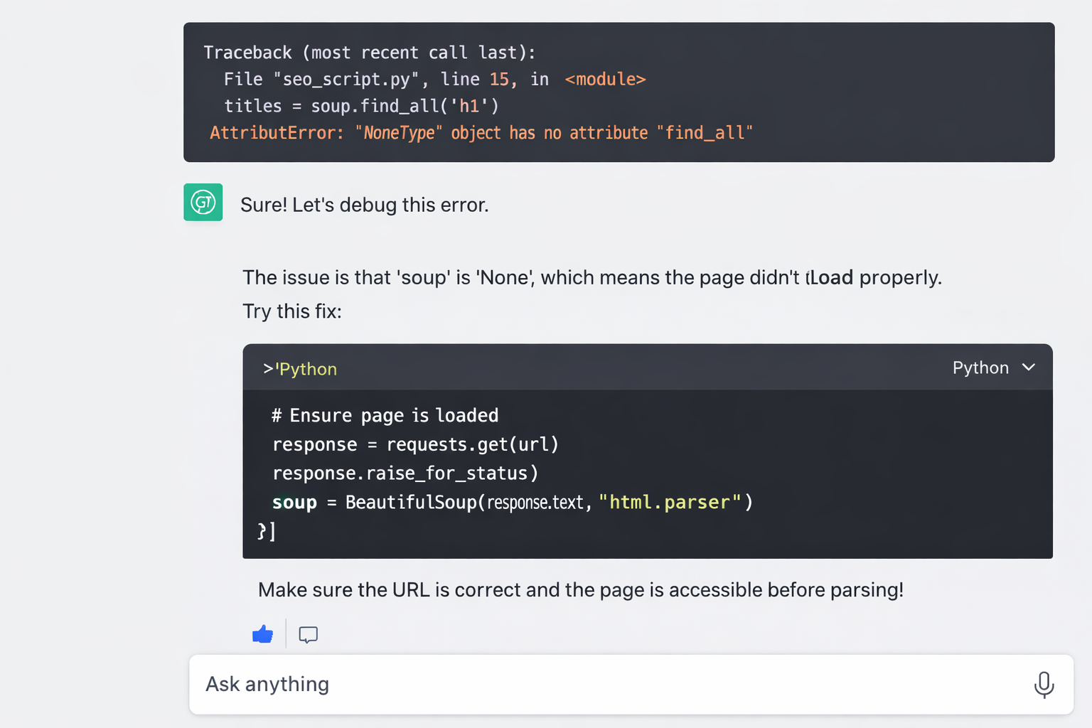 [Screenshot: ChatGPT debugging a Python error message for an SEO script]