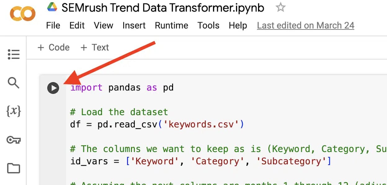 [Screenshot: Google Colab notebook with a simple SEO script running]