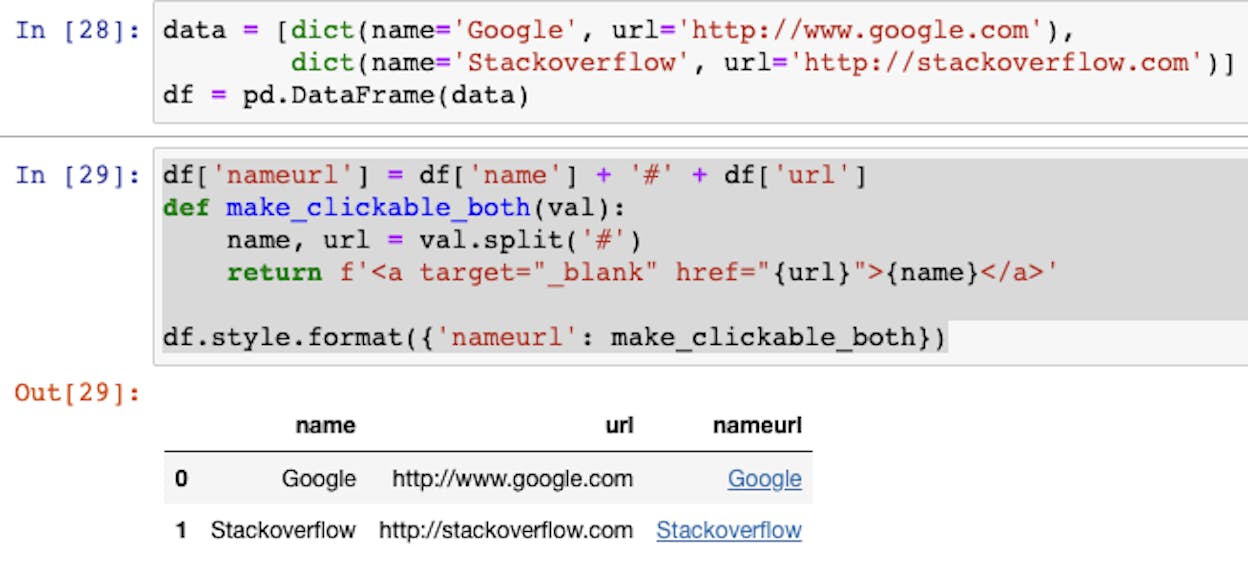[Screenshot: The resulting DataFrame in Google Colab showing top pages with clicks, impressions, CTR, and position]