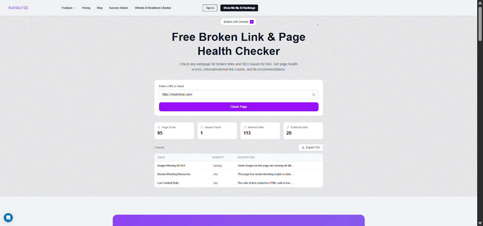 [Screenshot: Use the Analyze AI free Broken Link Checker to find broken pages on competitor sites]