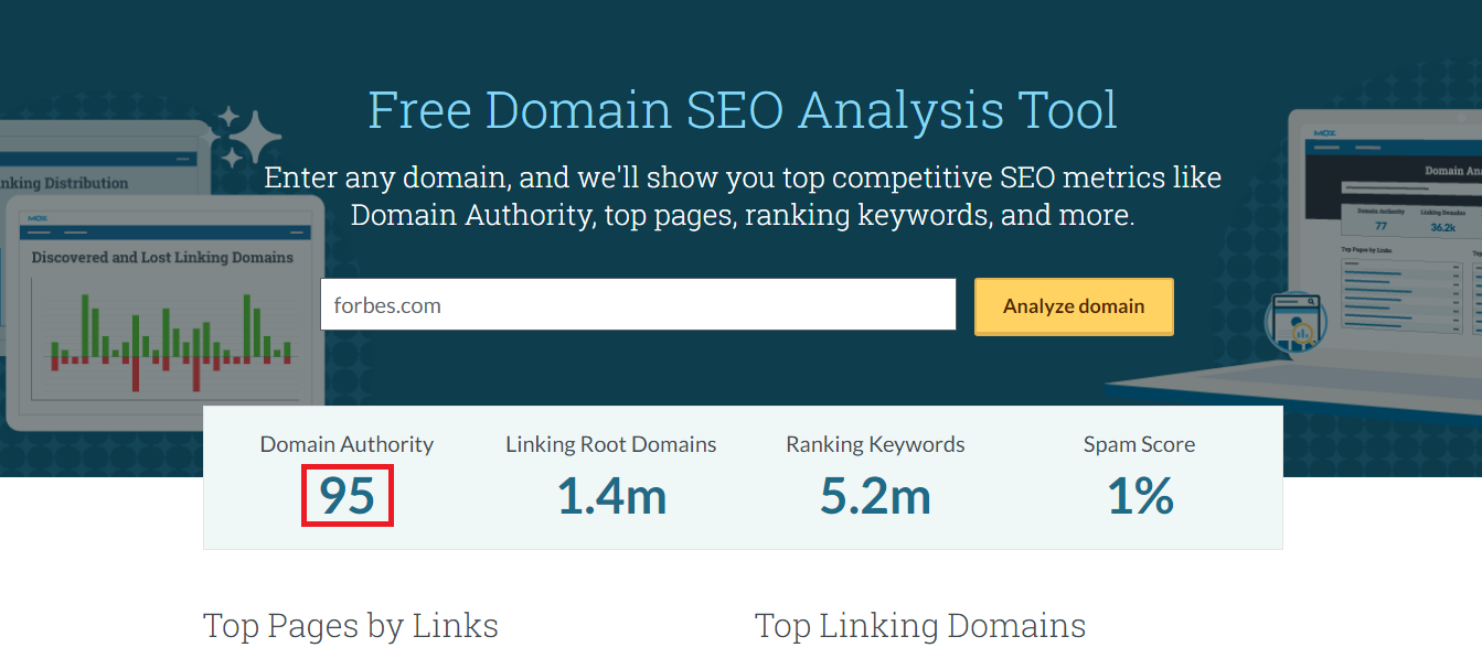 [Screenshot placeholder: Moz Domain Authority checker showing DA, PA, and Spam Score]