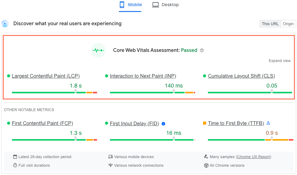 [Screenshot: PageSpeed Insights results showing Core Web Vitals metrics]